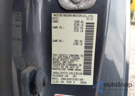 2012 Nissan Altima 2.5 S z USA, uszkodzony, nr VIN 1N4AL2EP7CC261910